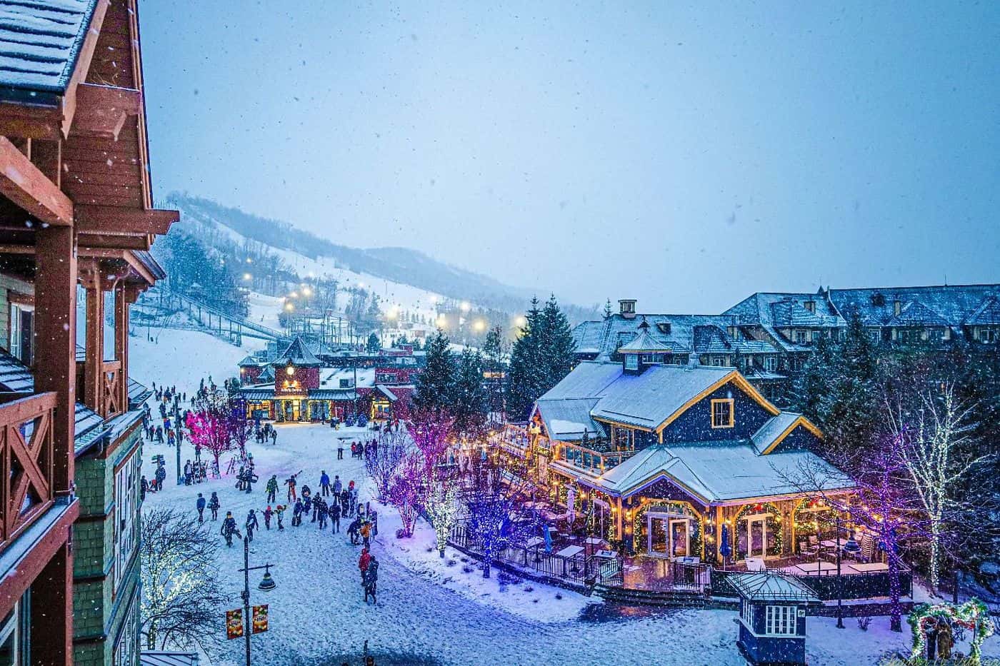 A view of the Holiday Magic Light Trail in the Village Events Plaza from the balcony of a suite in Weider Lodge.