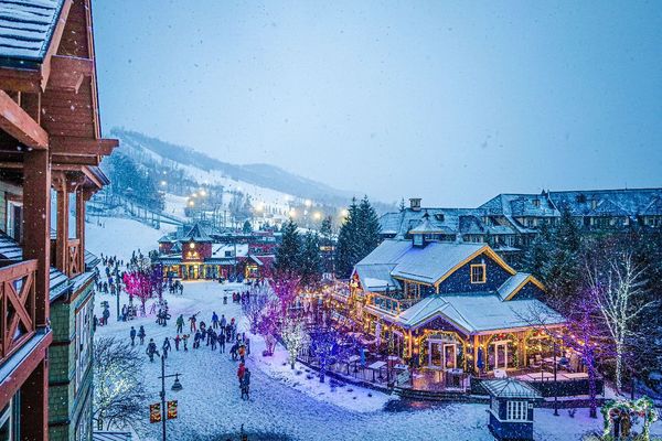 A view of the Holiday Magic Light Trail in the Village Events Plaza from the balcony of a suite in Weider Lodge.